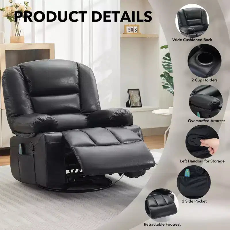 360 Swivel Recliner Chair with Heat & Massage, Manual Rocker Recliner, Cup Holders & Storage Pockets, Chenille/PU Leather for Living Room & Bedroom