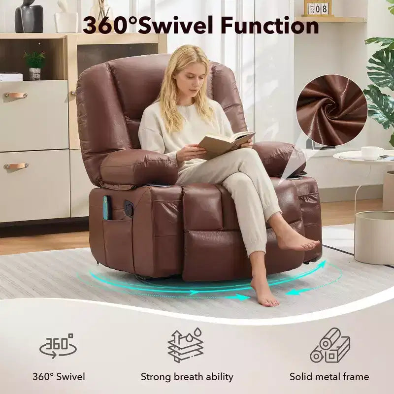 360 Swivel Recliner Chair with Heat & Massage, Manual Rocker Recliner, Cup Holders & Storage Pockets, Chenille/PU Leather for Living Room & Bedroom
