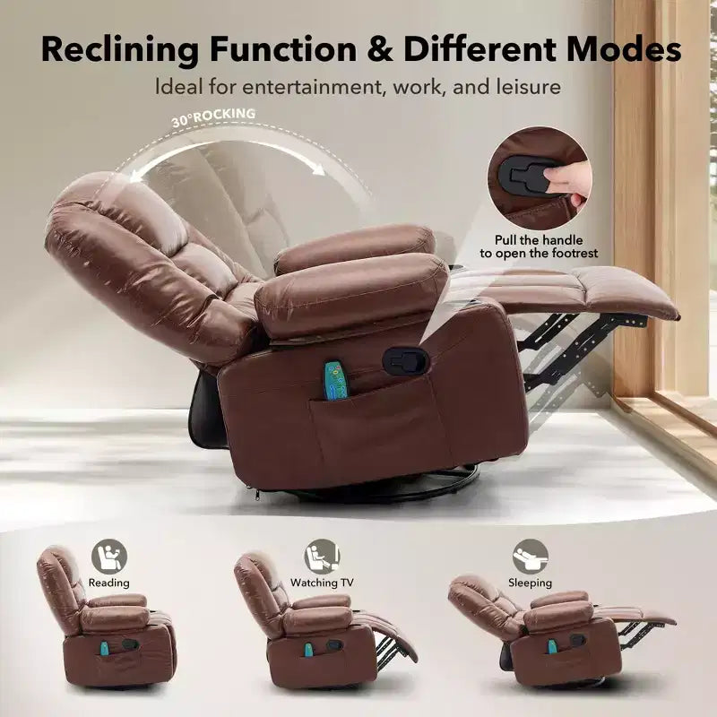 360 Swivel Recliner Chair with Heat & Massage, Manual Rocker Recliner, Cup Holders & Storage Pockets, Chenille/PU Leather for Living Room & Bedroom