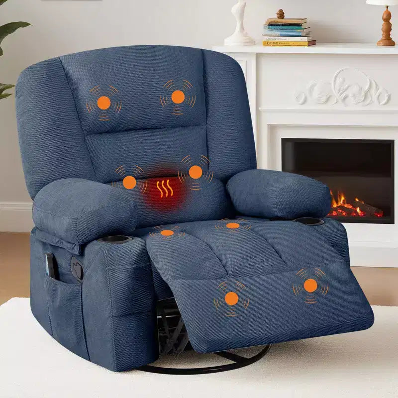 360 Swivel Recliner Chair with Heat & Massage, Manual Rocker Recliner, Cup Holders & Storage Pockets, Chenille/PU Leather for Living Room & Bedroom