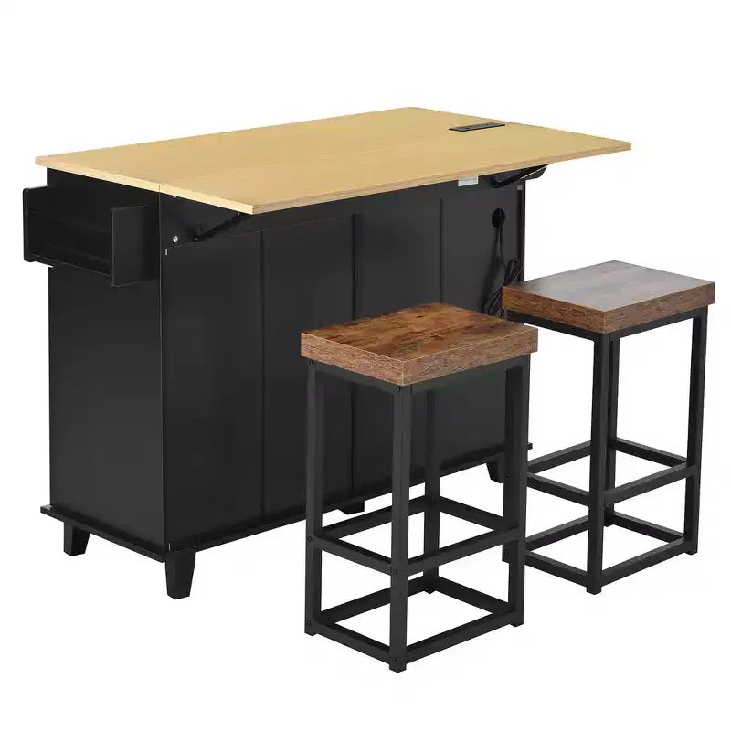 Farmhouse Kitchen Island with Drop Leaf, Drawers, Power Outlet and 2 Seats