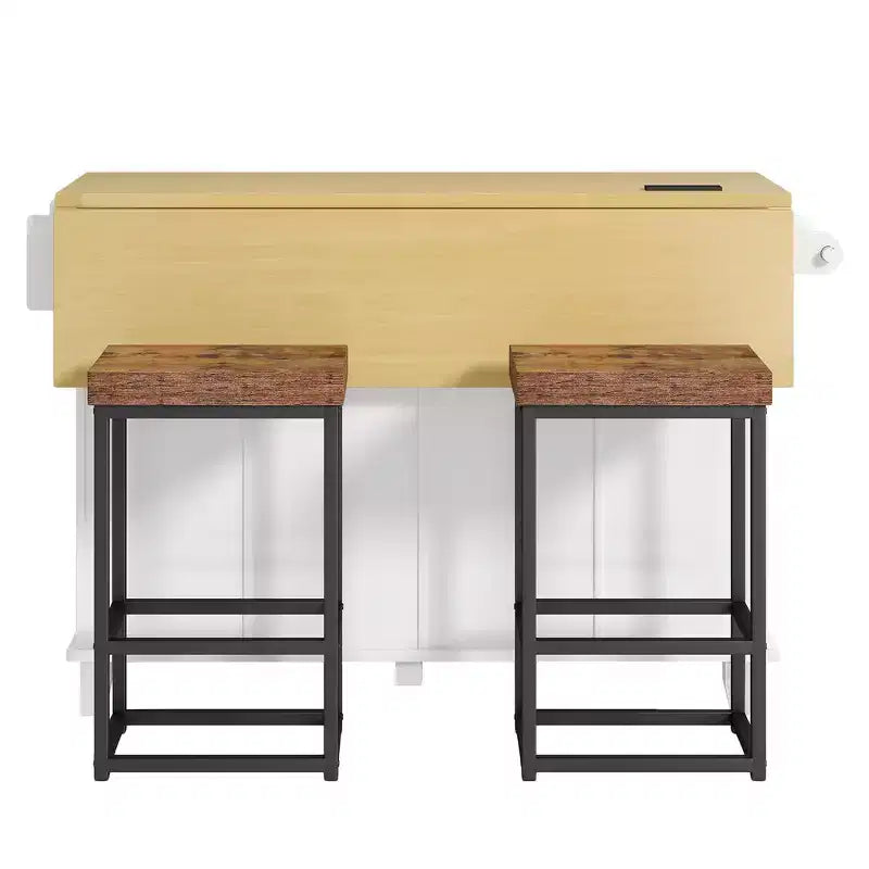 Farmhouse Kitchen Island with Drop Leaf, Drawers, Power Outlet and 2 Seats