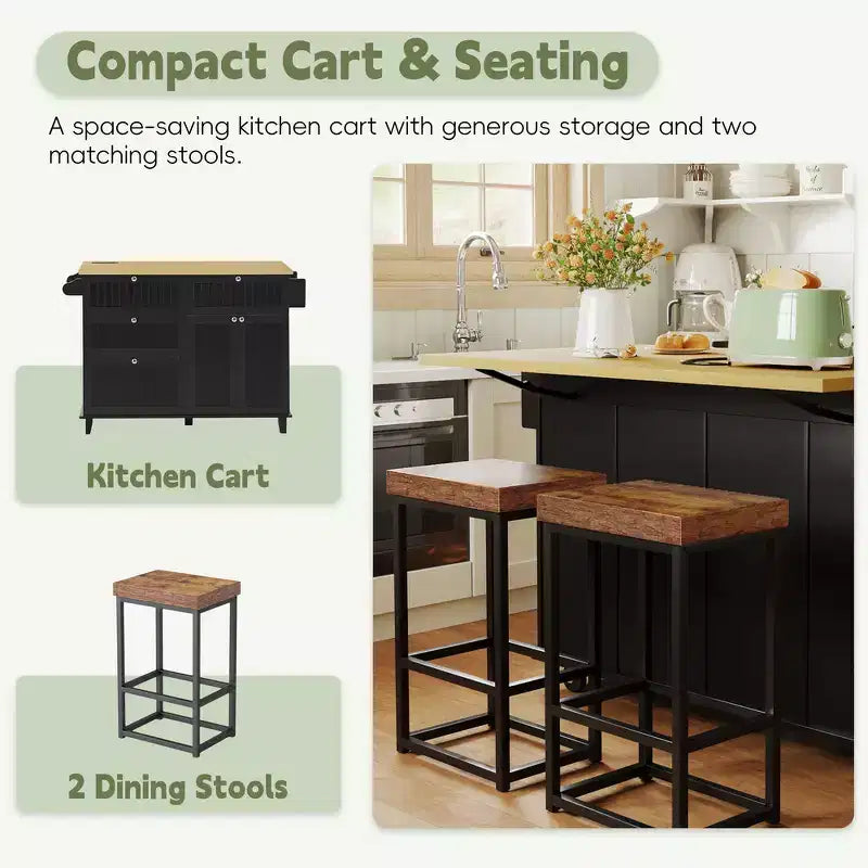Farmhouse Kitchen Island with Drop Leaf, Drawers, Power Outlet and 2 Seats
