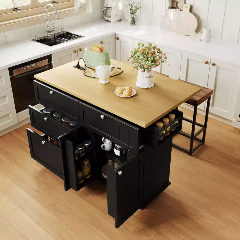 Zeus & Ruta Farmhouse Kitchen Island with Drop Leaf, Drawers, Power Outlet and 2 Seats
