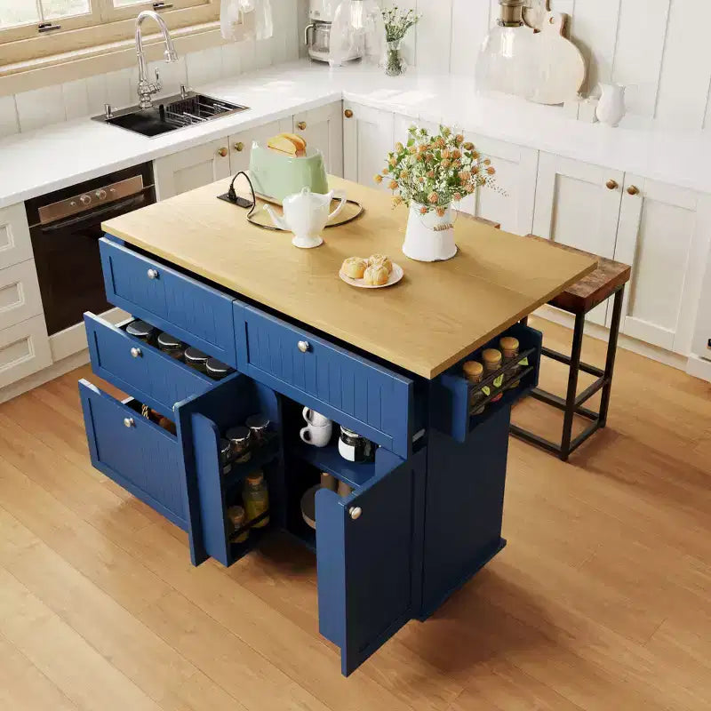 Farmhouse Kitchen Island with Drop Leaf, Drawers, Power Outlet and 2 Seats