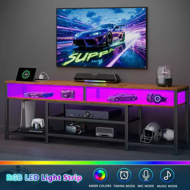 71" Brown TV Stand Entertainment Center with LED Lights & Charging Station, Fits up to 80"