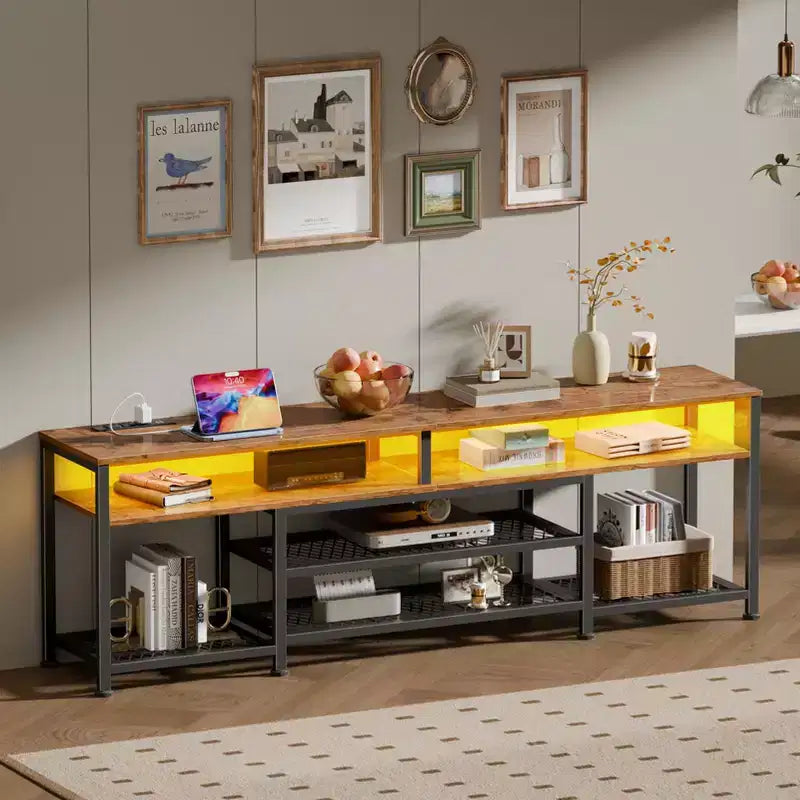 71" Brown TV Stand Entertainment Center with LED Lights & Charging Station, Fits up to 80"