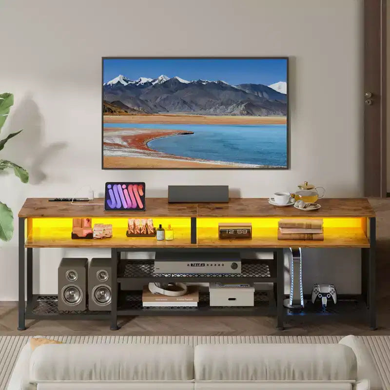71" Brown TV Stand Entertainment Center with LED Lights & Charging Station, Fits up to 80"