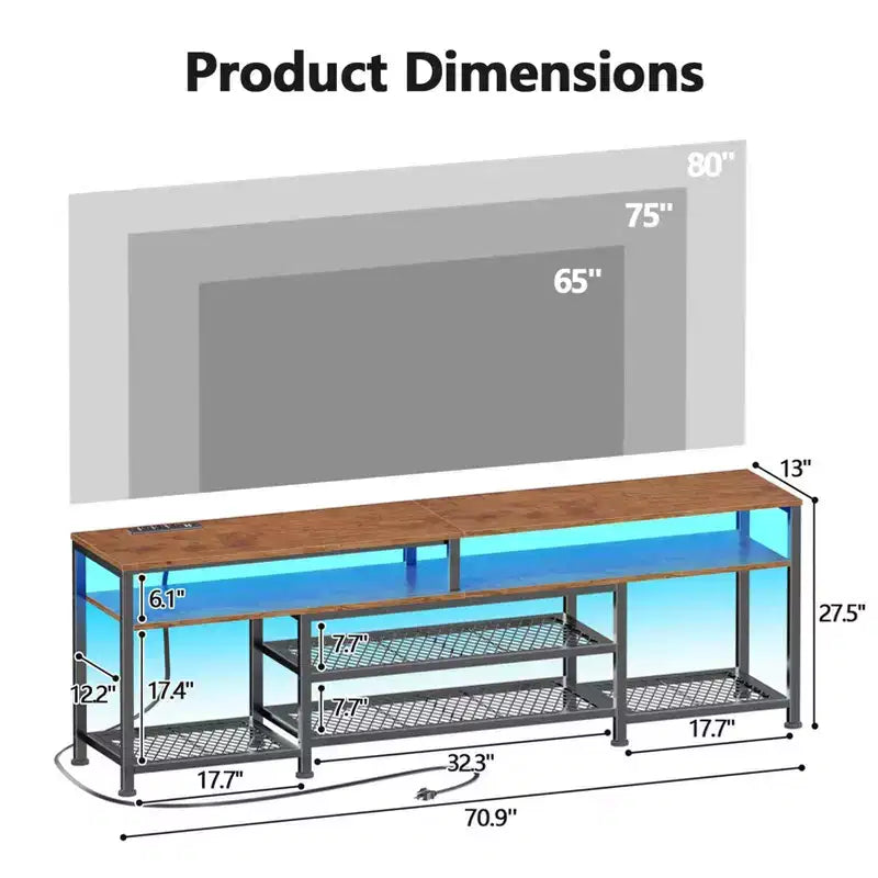 71" Brown TV Stand Entertainment Center with LED Lights & Charging Station, Fits up to 80"