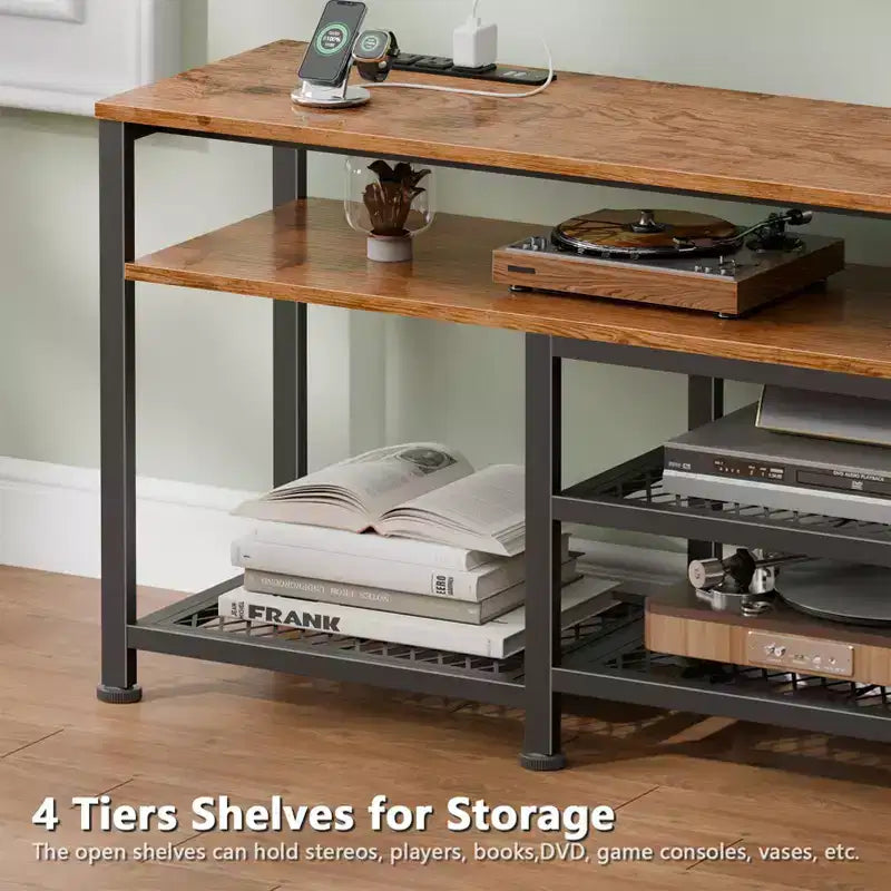 71" Brown TV Stand Entertainment Center with LED Lights & Charging Station, Fits up to 80"