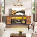 71 Inch Brown TV Stand Dresser with Charging Station LED Lights 6 Fabric Drawers PU Leather Media Console for TVs up to 80 Inch Bedroom Storage