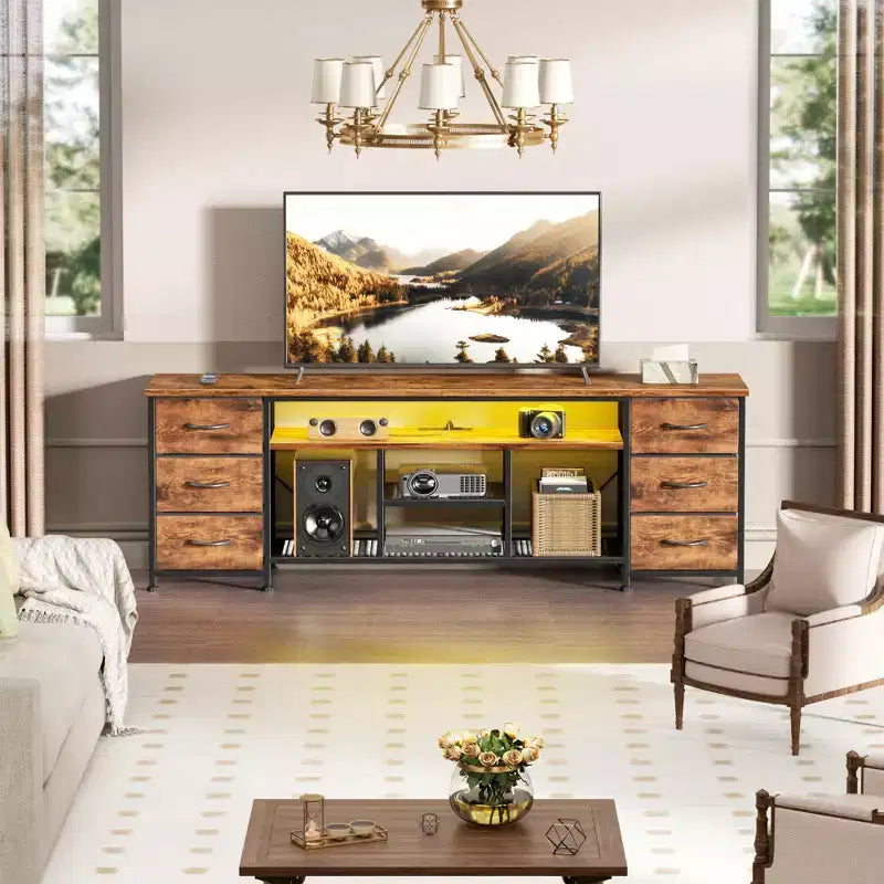 71 Inch Brown TV Stand Dresser with Charging Station LED Lights 6 Fabric Drawers PU Leather Media Console for TVs up to 80 Inch Bedroom Storage