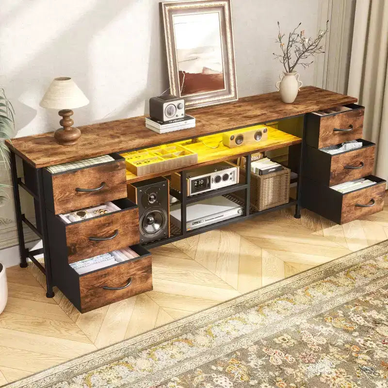 71" Brown TV Stand Dresser with LED Lights, Charging Station & 6 Fabric Drawers, Fits up to 80"