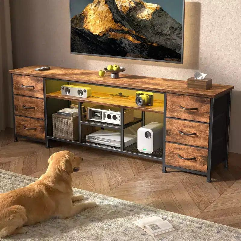71" Brown TV Stand Dresser with LED Lights, Charging Station & 6 Fabric Drawers, Fits up to 80"