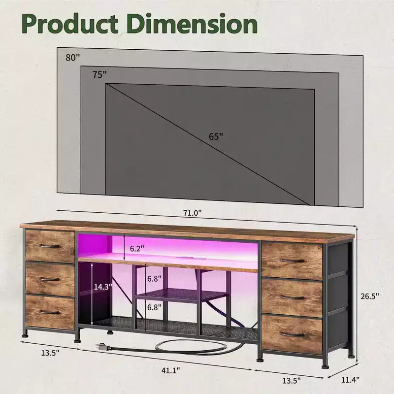 71" Brown TV Stand Dresser with LED Lights, Charging Station & 6 Fabric Drawers, Fits up to 80"