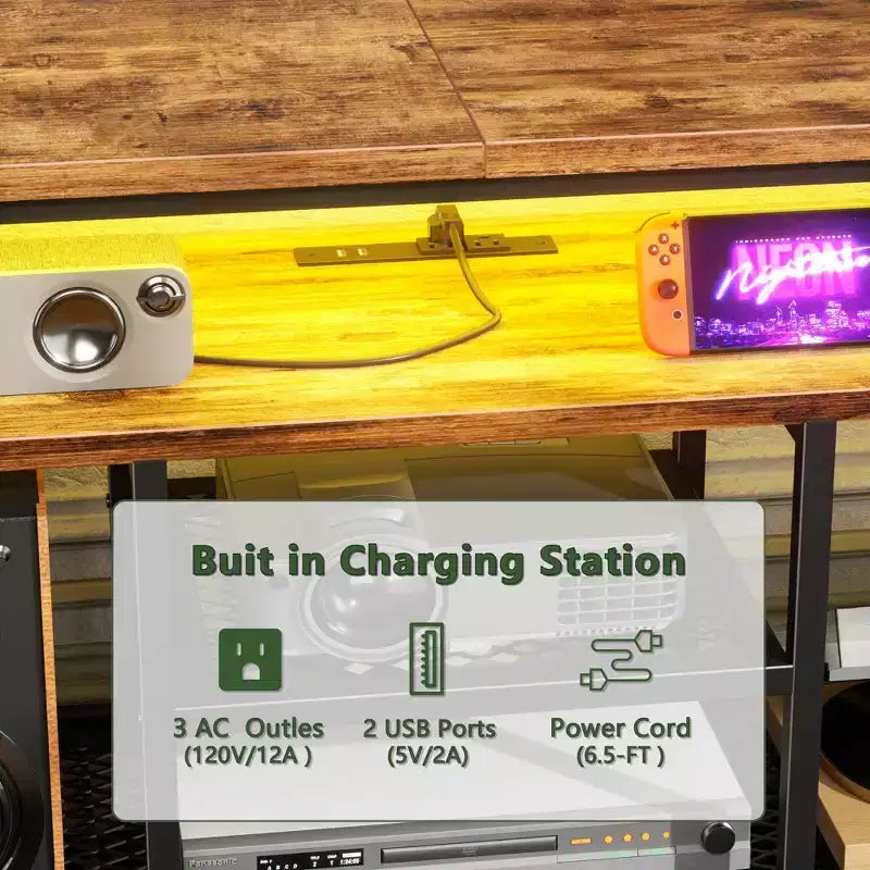 71" Brown TV Stand Dresser with LED Lights, Charging Station & 6 Fabric Drawers, Fits up to 80"
