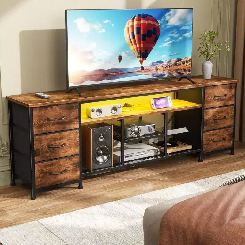 71" Brown TV Stand Dresser with LED Lights, Charging Station & 6 Fabric Drawers, Fits up to 80"