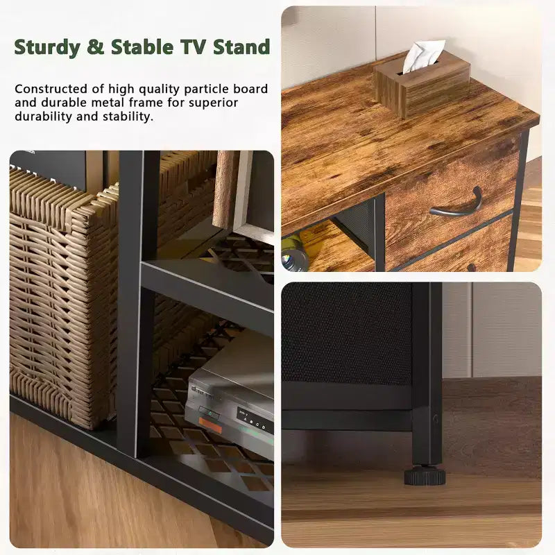 71" Brown TV Stand Dresser with LED Lights, Charging Station & 6 Fabric Drawers, Fits up to 80"