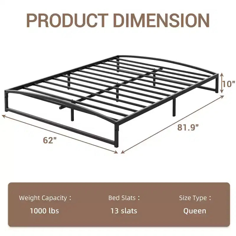 Queen Size Metal Platform Bed Frame with Arch Design, 10" Low Profile, Heavy Duty Slats