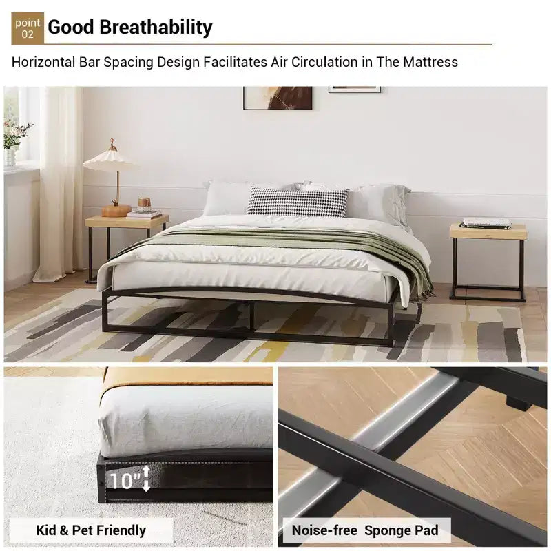 Queen Size Metal Platform Bed Frame with Arch Design, 10" Low Profile, Heavy Duty Slats