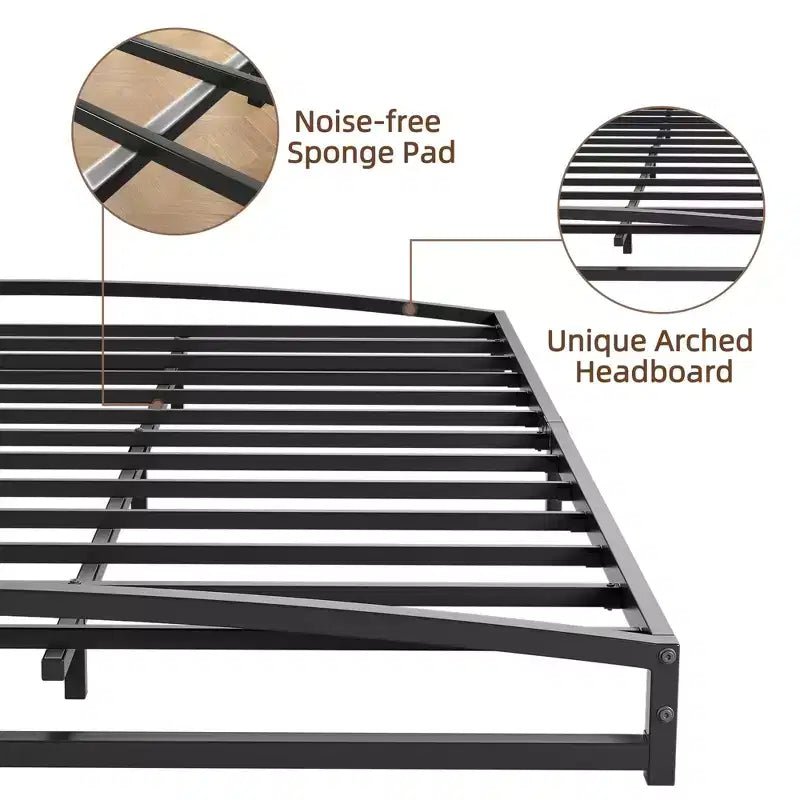 Cadre de lit plateforme en métal Queen Size avec arche, profil bas de 25 cm, lattes robustes