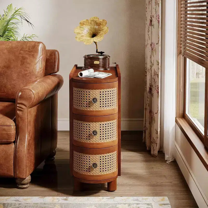 Lantine Solid Wood Nightstand with 3 Rattan Drawers, Farmhouse Sofa Side Table with Vintage Embossed Handles for Living Room, Bedroom, No Assembly