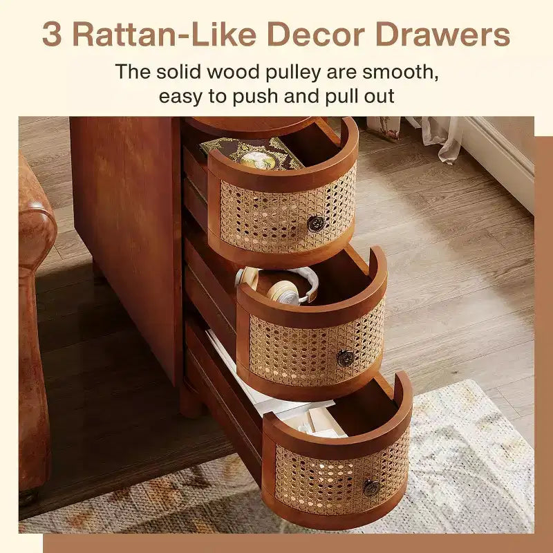 Solid Wood Nightstand with 3 Rattan Drawers, Farmhouse Side Table, Vintage Handles, No Assembly