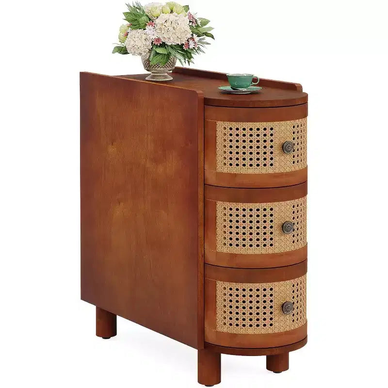 Solid Wood Nightstand with 3 Rattan Drawers, Farmhouse Side Table, Vintage Handles, No Assembly