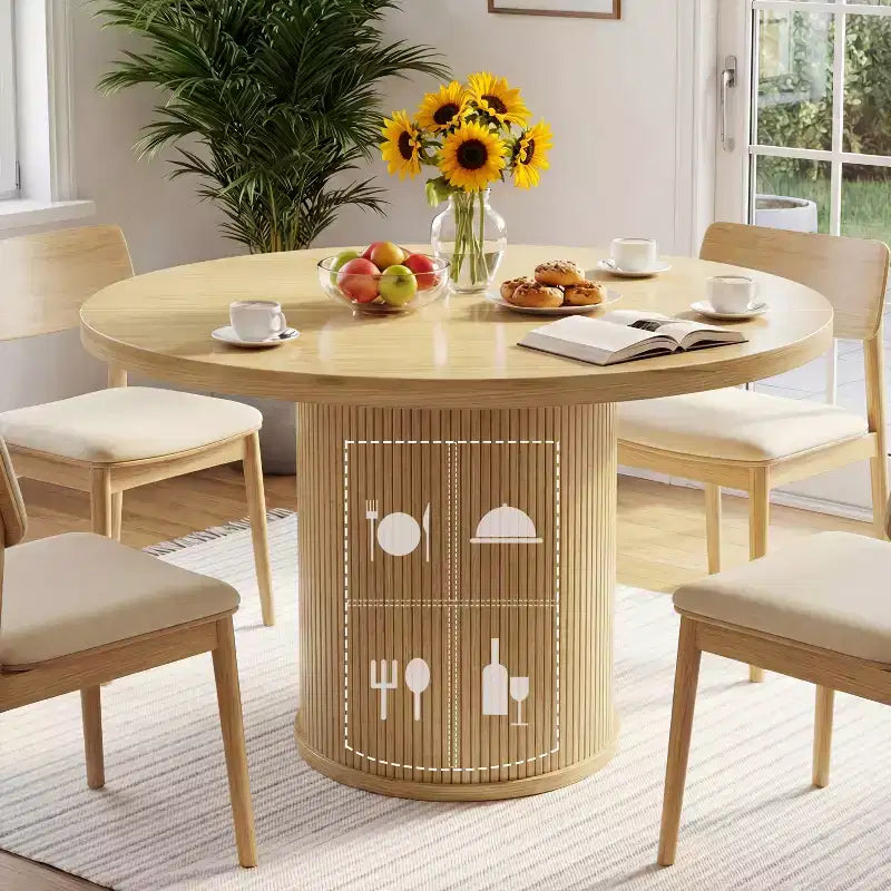 35.5" Round Pedestal Dining Table with 2-Tier Storage Shelf, Wood Base for Small Spaces