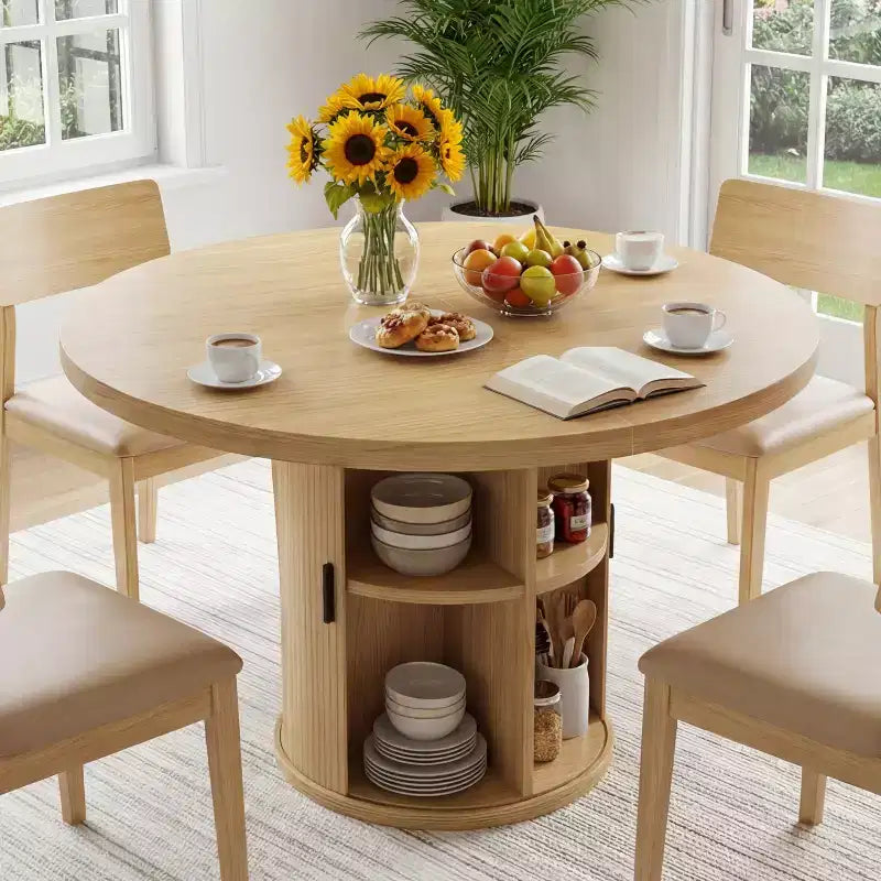 35.5" Round Pedestal Dining Table with 2-Tier Storage Shelf, Wood Base for Small Spaces