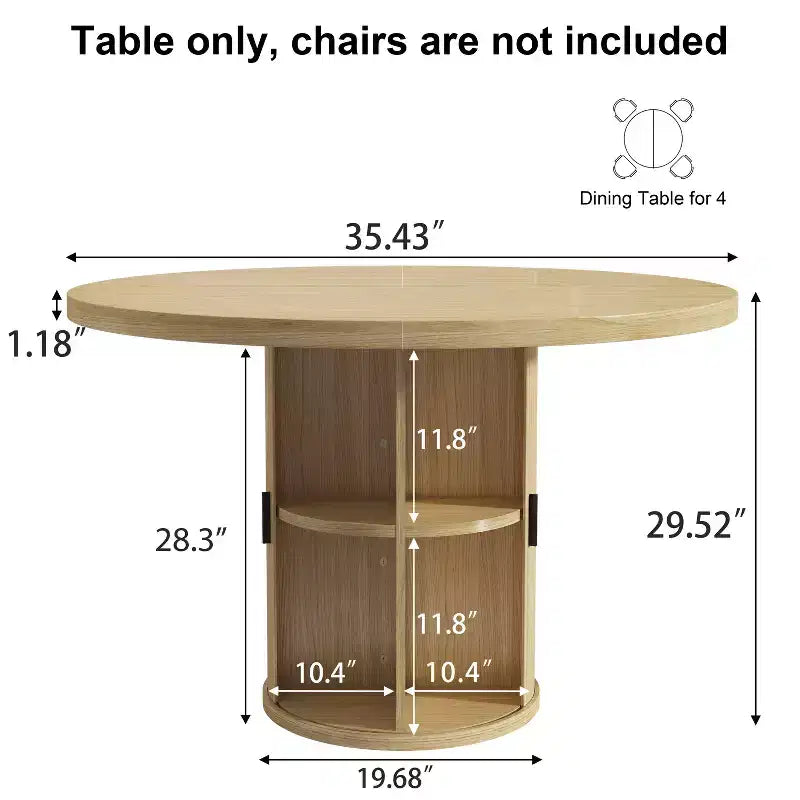 35.5" Round Pedestal Dining Table with 2-Tier Storage Shelf, Wood Base for Small Spaces