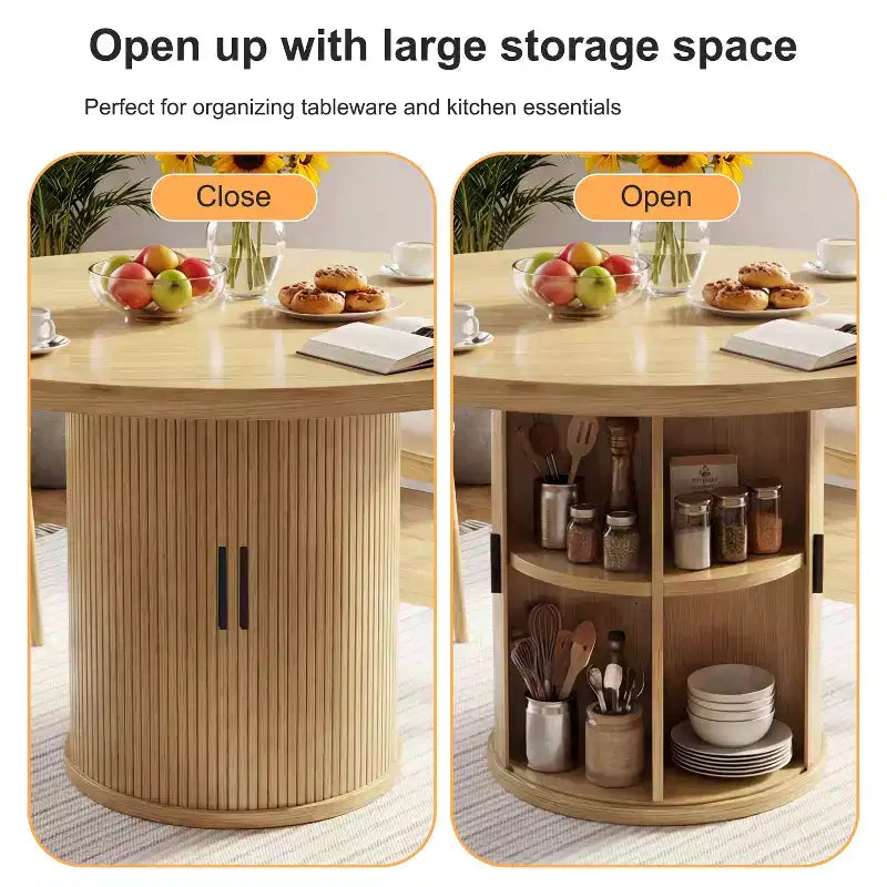 35.5" Round Pedestal Dining Table with 2-Tier Storage Shelf, Wood Base for Small Spaces