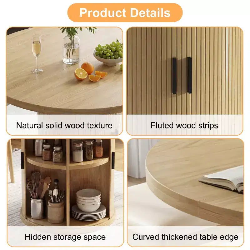 35.5" Round Pedestal Dining Table with 2-Tier Storage Shelf, Wood Base for Small Spaces