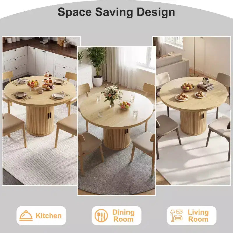 35.5" Round Pedestal Dining Table with 2-Tier Storage Shelf, Wood Base for Small Spaces