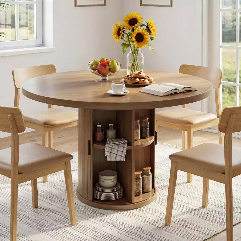 35.5" Round Pedestal Dining Table with 2-Tier Storage Shelf, Wood Base for Small Spaces