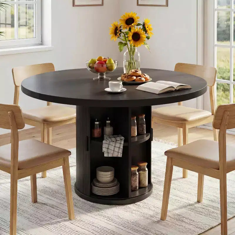 35.5" Round Pedestal Dining Table with 2-Tier Storage Shelf, Wood Base for Small Spaces