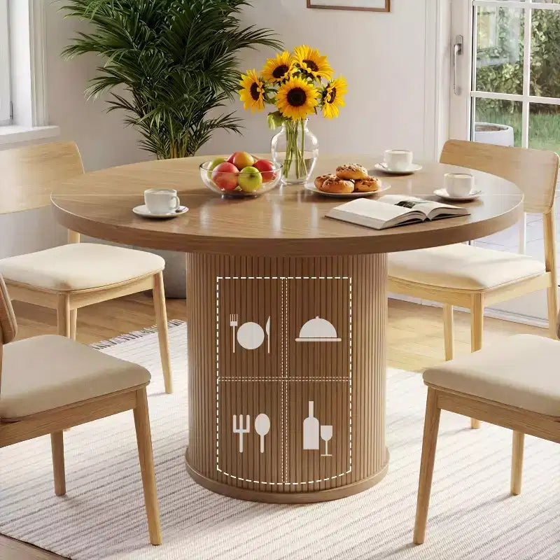 35.5" Round Pedestal Dining Table with 2-Tier Storage Shelf, Wood Base for Small Spaces