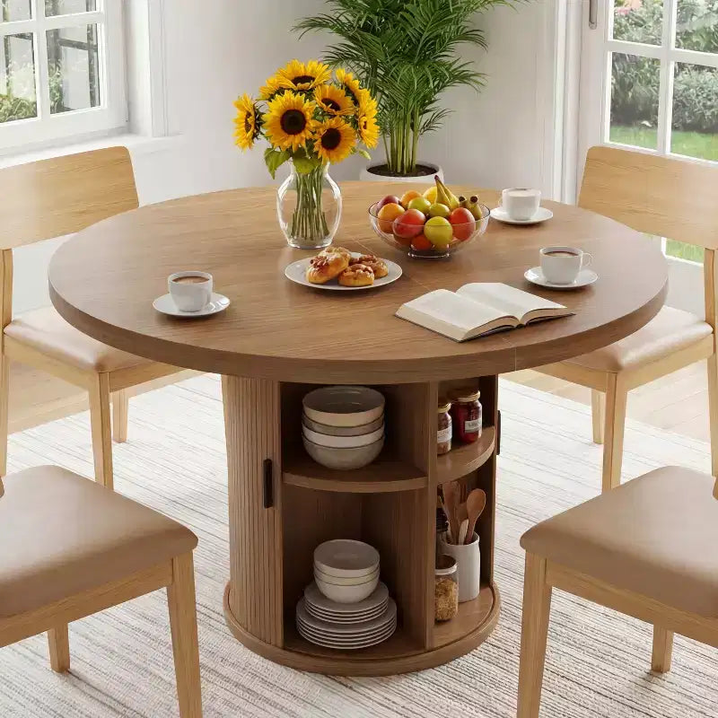 35.5" Round Pedestal Dining Table with 2-Tier Storage Shelf, Wood Base for Small Spaces