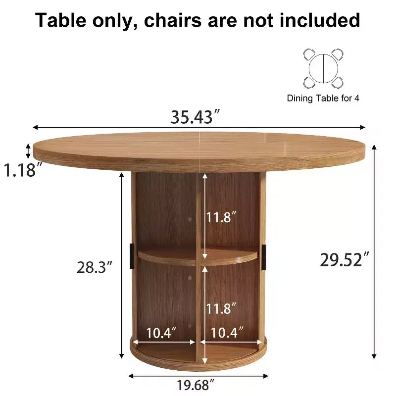 35.5" Round Pedestal Dining Table with 2-Tier Storage Shelf, Wood Base for Small Spaces