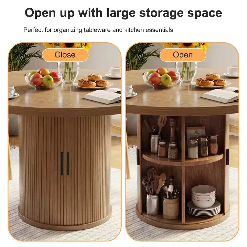 35.5" Round Pedestal Dining Table with 2-Tier Storage Shelf, Wood Base for Small Spaces