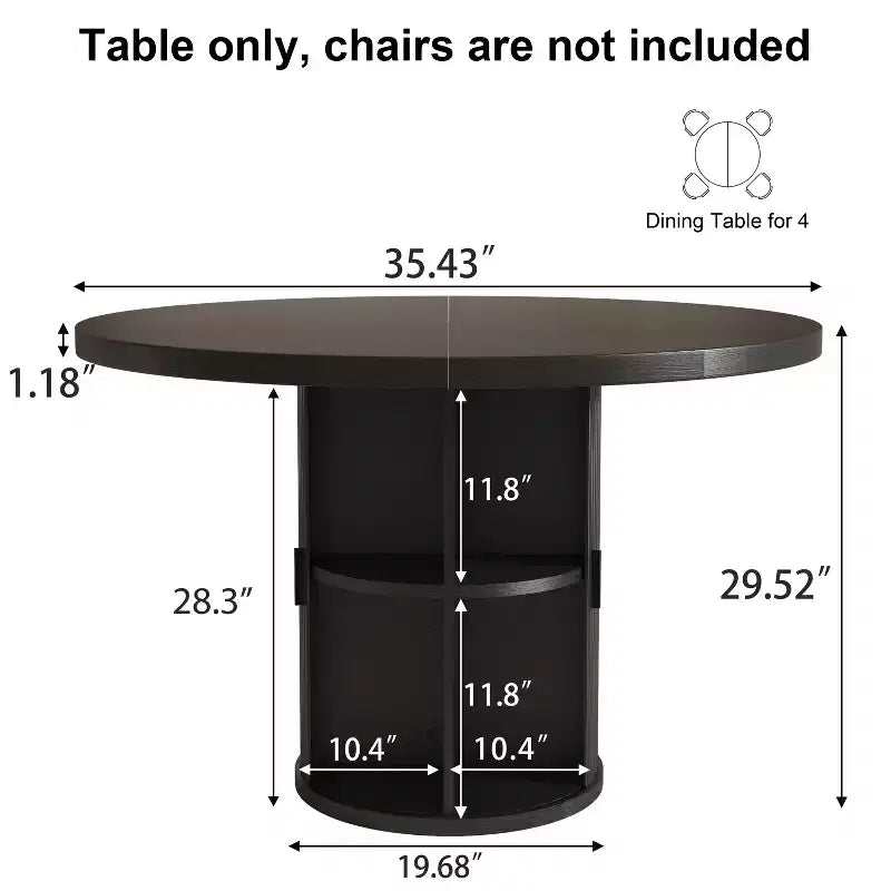 35.5" Round Pedestal Dining Table with 2-Tier Storage Shelf, Wood Base for Small Spaces
