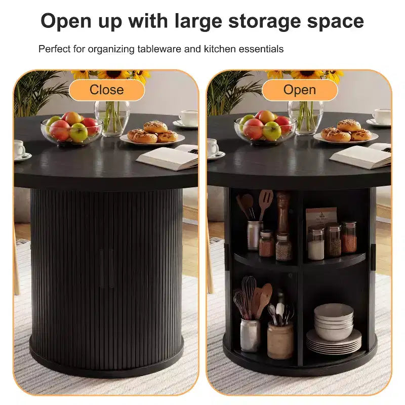 35.5" Round Pedestal Dining Table with 2-Tier Storage Shelf, Wood Base for Small Spaces