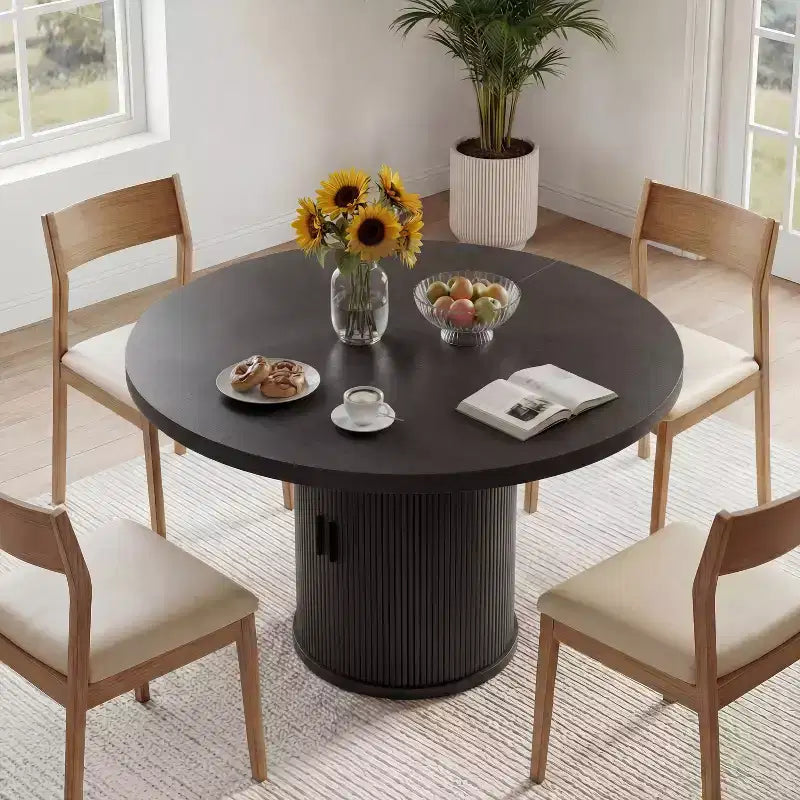 Dyonery 35.5 Round Pedestal Dining Table, with Storage Shelf, Wood Base Dinner Tables for Kitchen, Breakfast Nook, For Small Space
