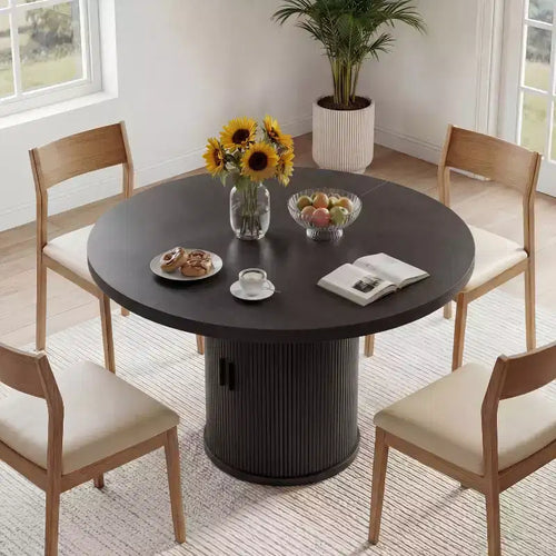 Dyonery 35.5 Round Pedestal Dining Table, with Storage Shelf, Wood Base Dinner Tables for Kitchen, Breakfast Nook, For Small Space