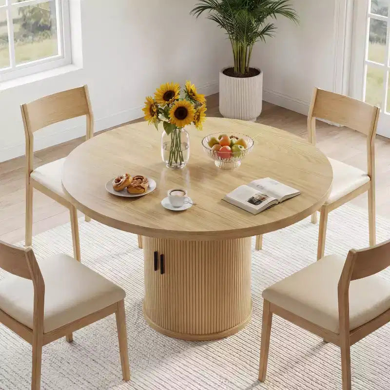 35.5" Round Pedestal Dining Table with 2-Tier Storage Shelf, Wood Base for Small Spaces