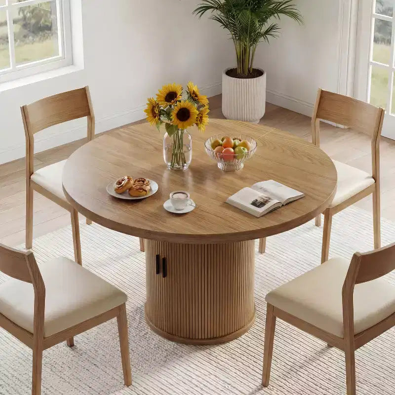 35.5" Round Pedestal Dining Table with 2-Tier Storage Shelf, Wood Base for Small Spaces