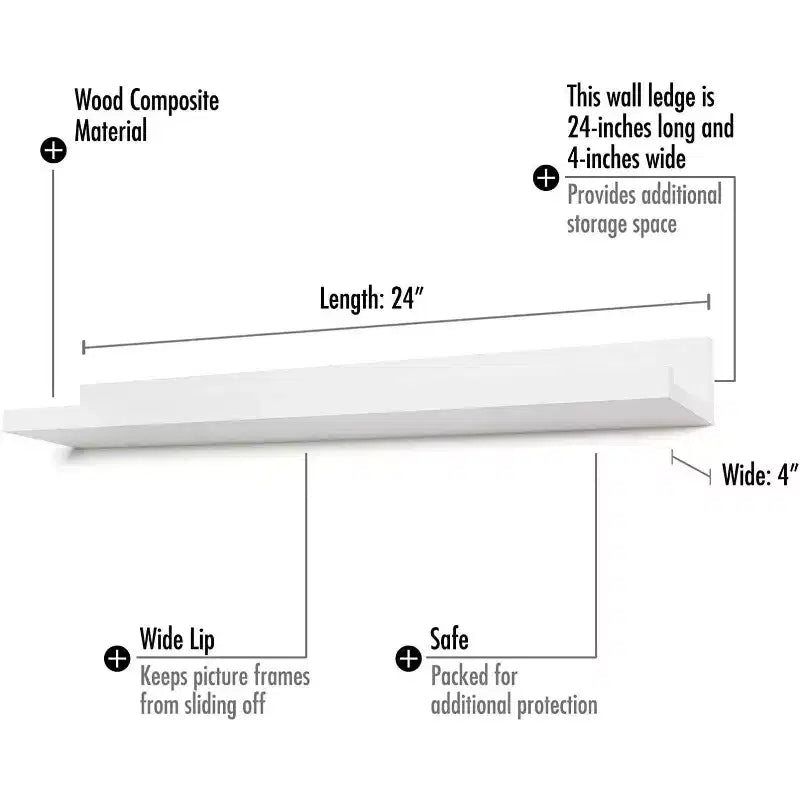 24" White Floating Wall Shelf, Wood Composite, Available in Multiple Sizes