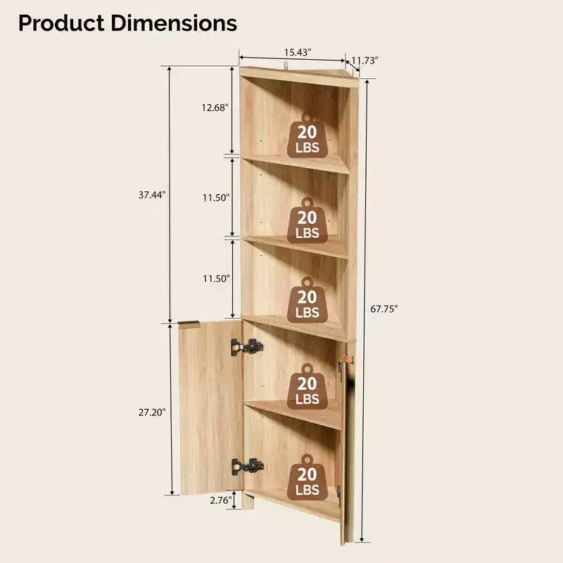 Oak Freestanding Corner Cabinet Bookcase Display Cabinet, 68"H, 3 Shelves