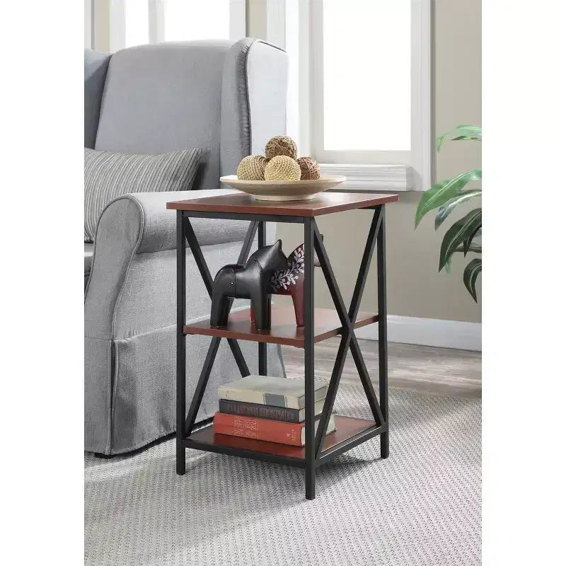 3-Tier Rectangle Metal End Table, Black Cross Frame, 24"H x 15.75"W, Multiple Finishes