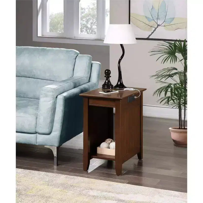 Table d'appoint rectangulaire en bois avec station de recharge intégrée, 2 prises et 2 ports USB, noire